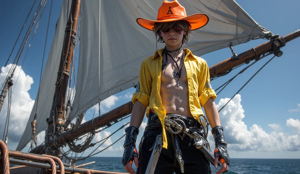 A young yellow haird guy smoking, in a pirate ship he is wearing a white and red dress
