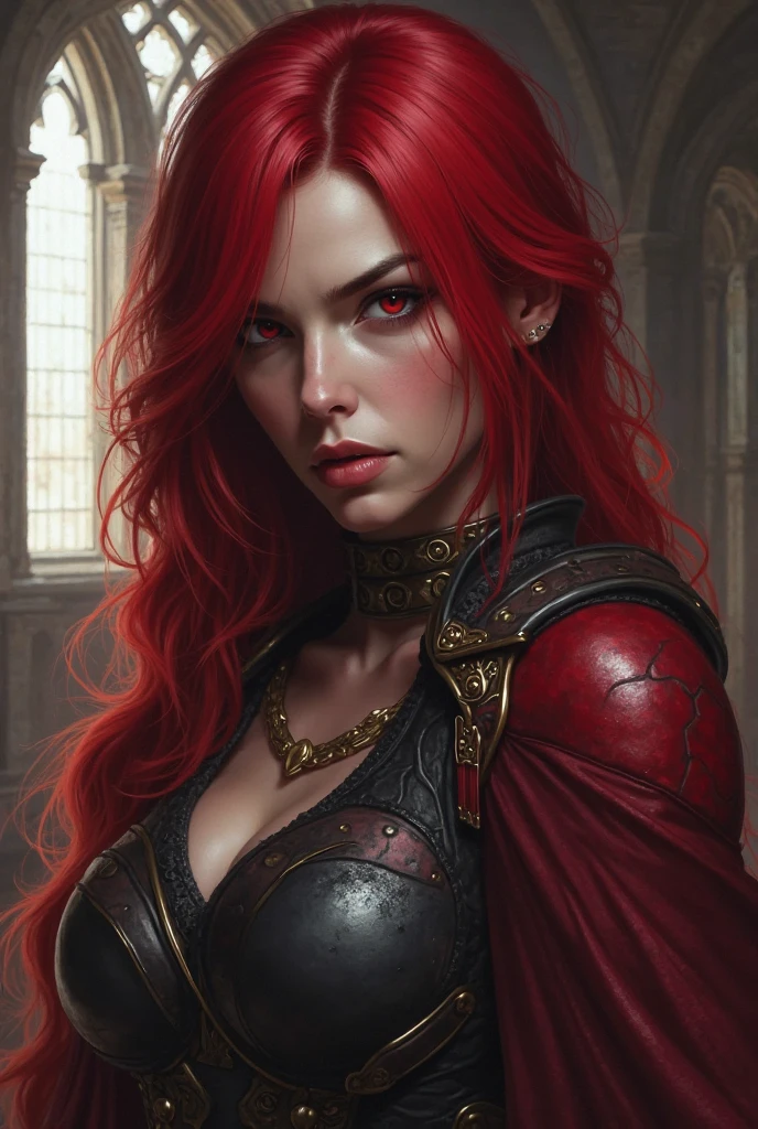 the highest quality, detailed image, colorful, vivid colors, solo, detailed face, female, fire red hair, smoky black makeup, medieval rogue, evil villain, sinister, black leather armor with decorations, inside old castle, glossy skin, cloak, gilded, royal, desert theme, tattoos, black and red accents,