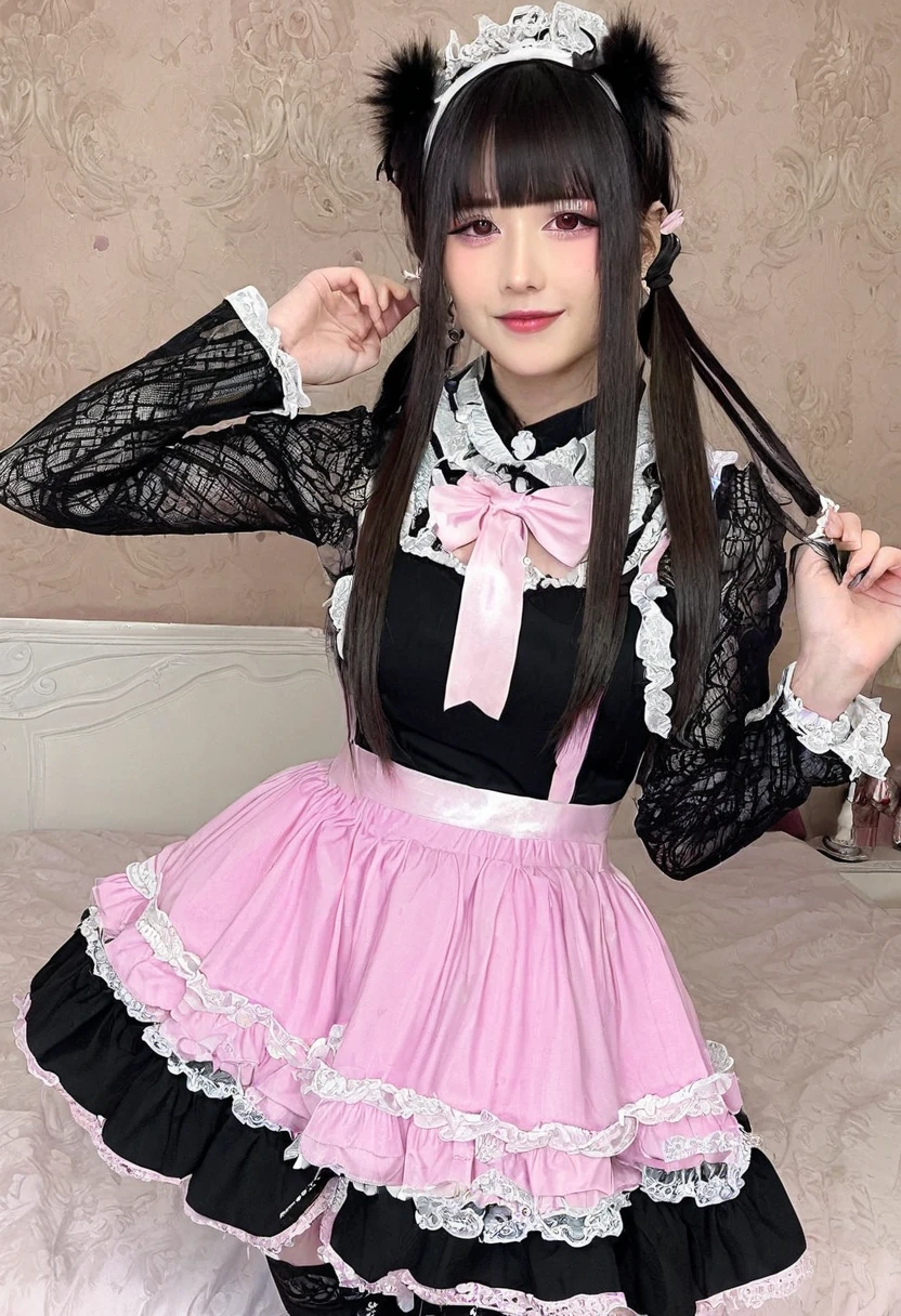 One girl, apron, bow, cube hair ornaments, dress, Frills, dark (Performance), hair ornaments, heart, heart hands, Long Hair, avert your eyes, Maid, Maid apron, Maid headdress, Mary Jane, One side up, Pink Hair, Shadowed face, shoes, short dress, alone, Sweat drops, Knee socks, white Knee socks, zettai ryouiki,
