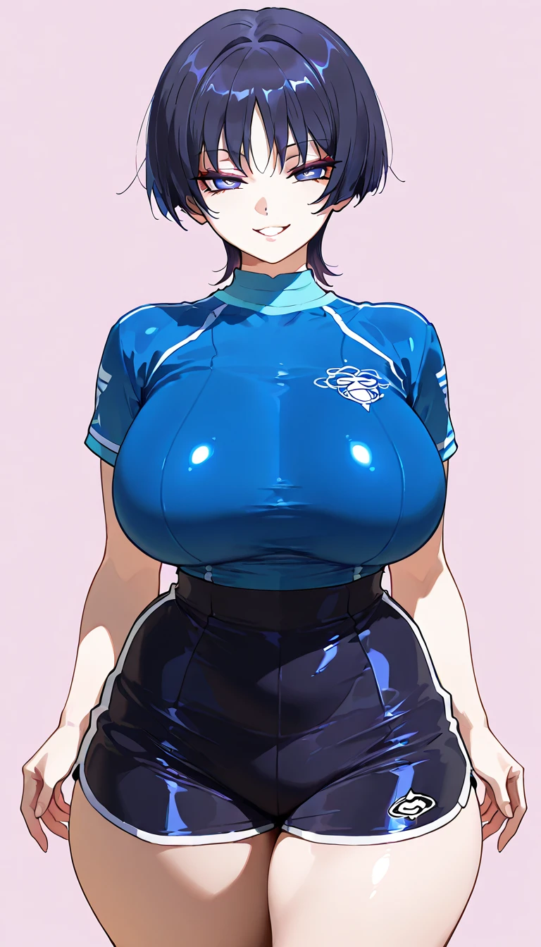 score_9, score_8_up, score_7_up, score_6_up, score_5_up, score_4_up, rating_questionable, , source_anime, digital illustration, pixiv, official art, BREAK, 1 woman, solo, female, cecile croomy, blue hair, blue eyes, short hair, long sidelocks, bluah, huge , yellow highleg swimsuit, cowboy shot, looking at viewer, locker room,