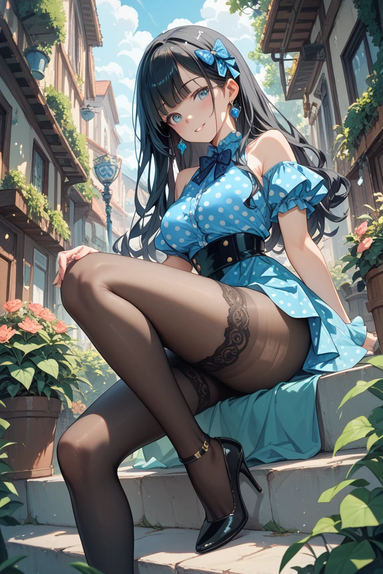 Maid, sexy body, big breasts, cleavage, big hip, stockings, garter belts, blushing, smiling, beautiful face, detailed face, very detailed eyes, long black hair, blue eyes, full body, high quality, bedroom