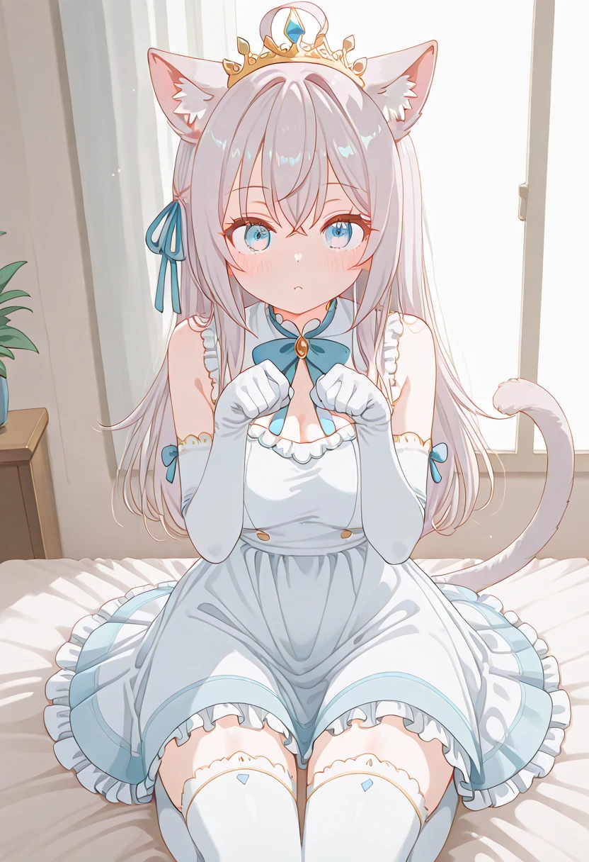 Lazy wind,wide blue eyes,White hair,Dull hair,Beast-eared maiden,White tones,sitted,1girll,Solo,adolable,white dresses,Big hazy eyes,Facial details are exquisite,Beth,onbed,Impeccable,Cute pose,Plush cat's paw gloves,Shy laugh,The complexion is reddish