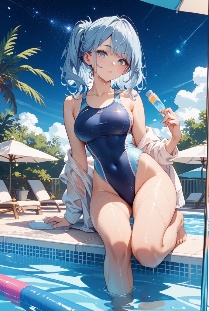 Highest quality,Highest Resolution,A crying beauty in a super high-cut swimsuit,Night Pool,Night view,up,Very beautiful eyes,(((Drink a drink))),(((Open your mouth and drool))),(((Sweat profusely)))Tears,Big Breasts,(((Tback)))
