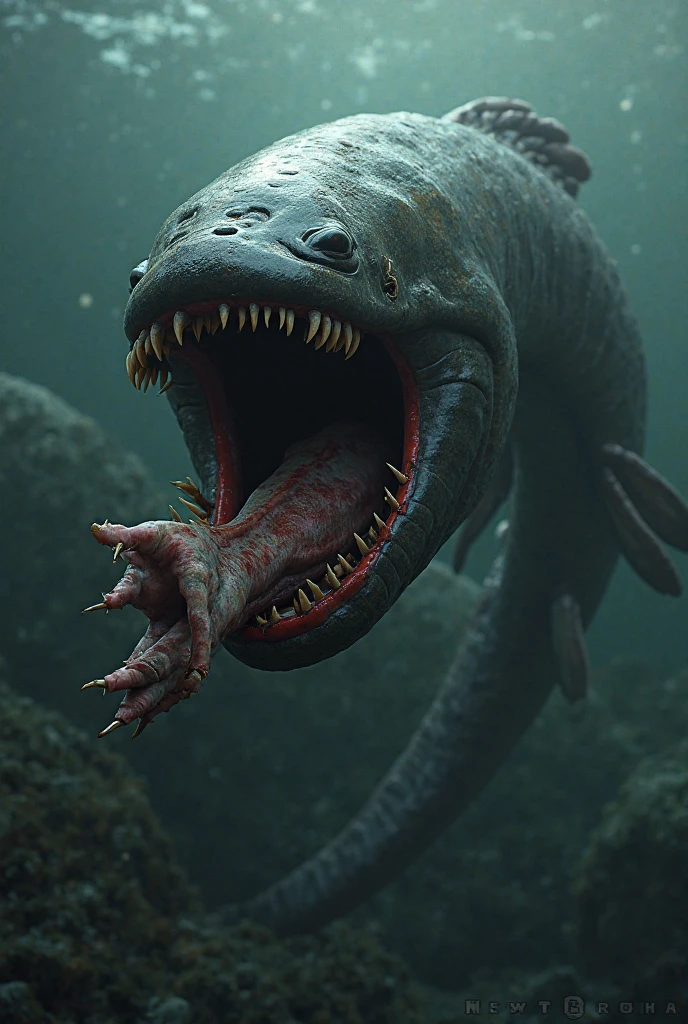 A strange, horrible and scary creature suddenly appeared from the water in a lake. The creature was holding a catch from the lake