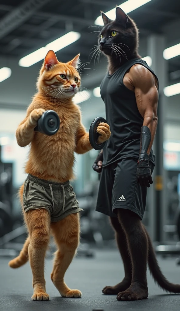 A high-quality photo featuring a standing cat and dog anthropomorphized as humans, with the female cat wearing yoga pants and a sports bra, and the male dog in gym shorts and a muscle tee. They are positioned in a gym environment, with the cat mid-stretch on a yoga mat and the dog performing bicep curls with a dumbbell. The background includes typical gym equipment like treadmills, barbells, and mirrors, with soft lighting enhancing the scene.