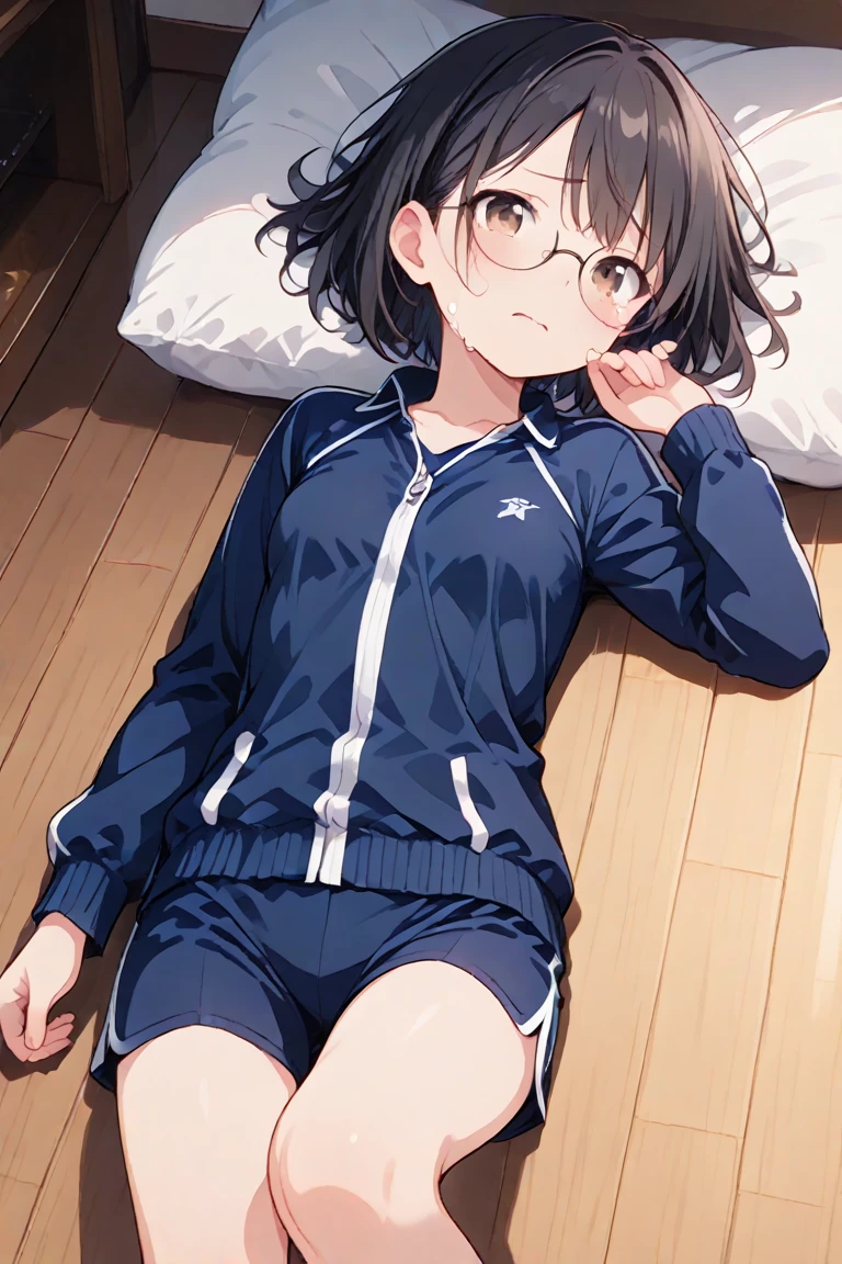 8K、masterpiece、Japanese、Woman wearing glasses、anise、from the front、smile、Childish、Big Breasts、Transparent school swimsuit、night、Bedroom、Spread your legs and show、Pee is yellow