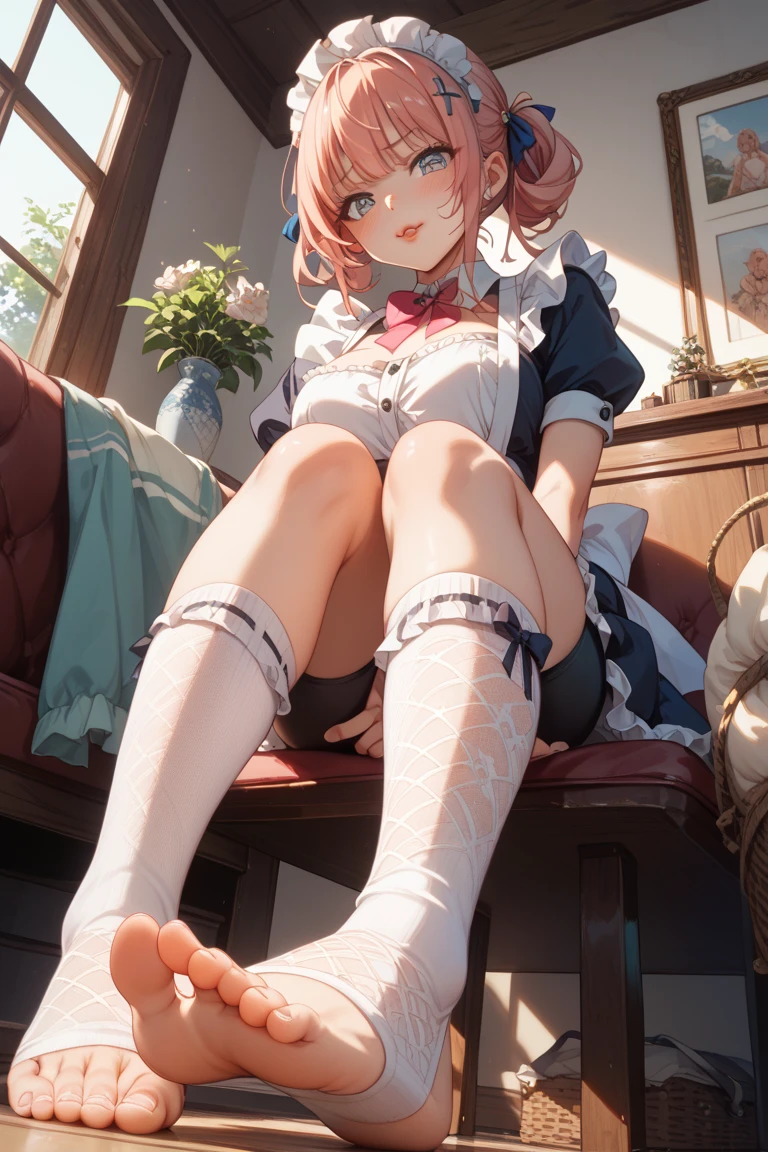 ((masterpiece)), (((best quality))), ((ultra-detailed)), ((illustration)), anime girl with pink hair and blue dress sitting on the floor, a digital rendering by Kamagurka, pixiv, auto-destructive art, anime girl in a maid costume, gorgeous maid, from the azur lane videogame, maid outfit, rem rezero, maid, splash art anime loli, atelier lulua, fine details. girls frontline, maid dress