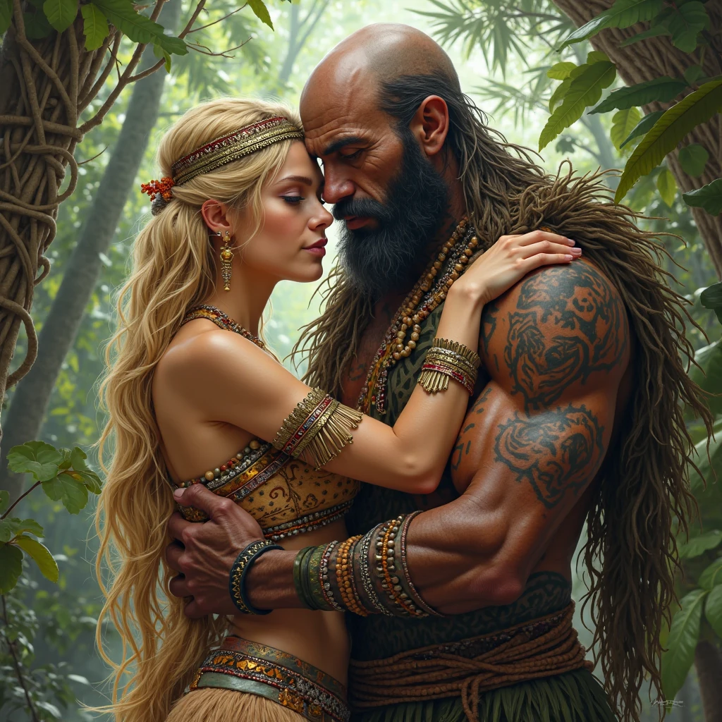 Sacred rebels, an extremely attractive couple. Dark bearded handsome bald shaman man with muscular upper body bare. Blonde fairie-like extremely sexy yogini woman dressed in flirtatious pink skimpy underwear, perky big breasts, plenty of cleavage, hourglass body. Lots of hippie style jewelry. Both are tanned and fit. Side by side, touching each other sensually, kissing, visibly aroused, facing the camera.