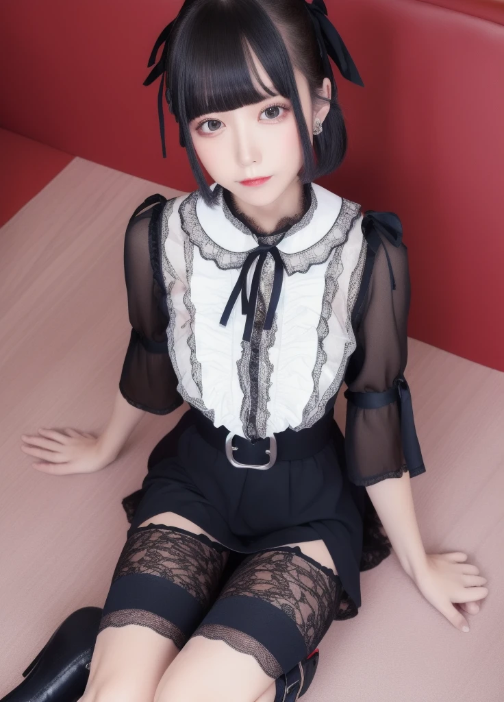 There is a woman sitting on the bed having，wearing silk stockings, cruel korean goth girl, Japanese goddess, She is facing the camera, pretty face with arms and legs, thighhighs and skirt, on a mannequin. High quality, Clear lips and high quality, Surrealism female students, with black pigtails, photorealistic full body, perfect android girl, Asian girl
