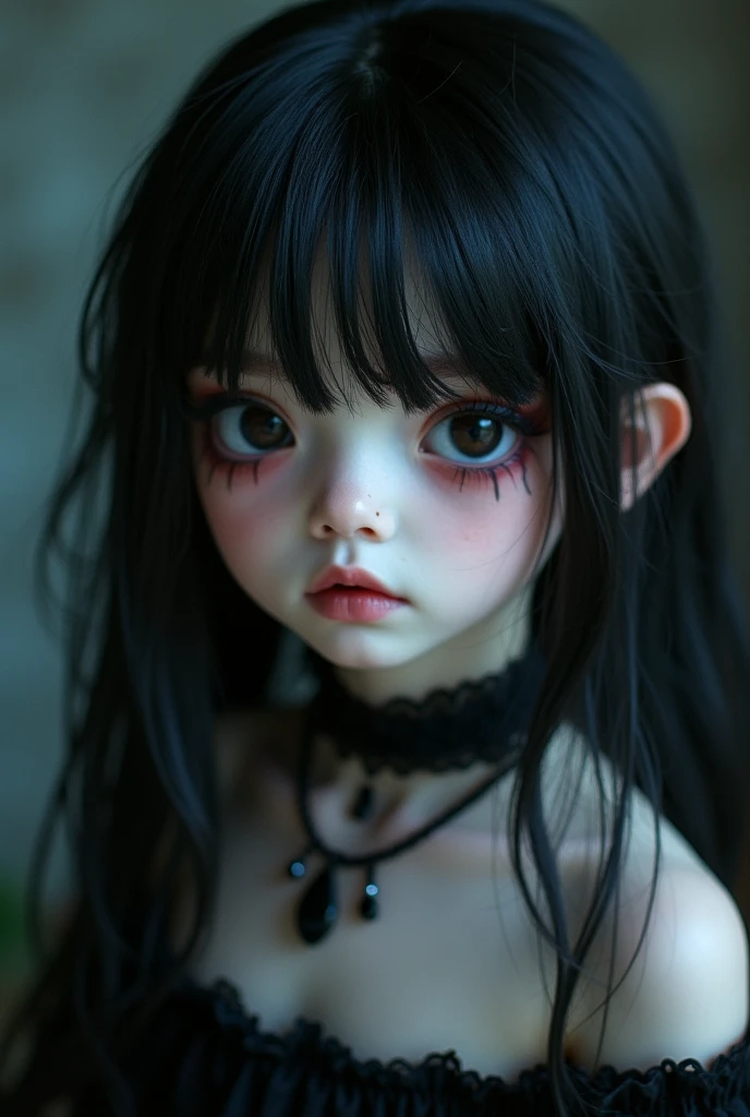 8 year old girl, black hair, black eyes, tiny wings on her head