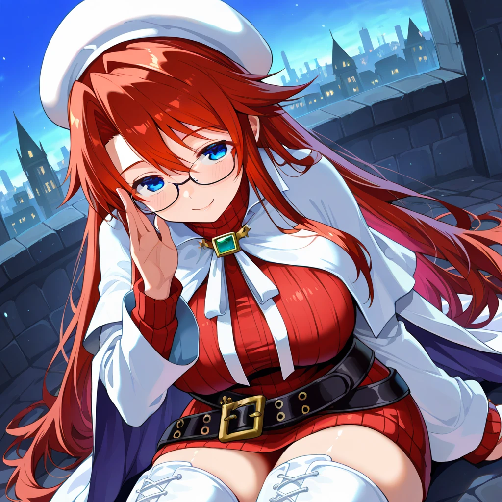 summonnightaty, aty, (young:1.3),long hair, blue eyes, red hair, big_tits, hat, glasses,
BREAK long hair, thighhighs, hat, dress, naked_legs, glasses, belt, cape, sweater, zettai ryouiki, beret, thigh boots, white footwear, ribbed sweater, loose belt,solo,
BREAK outdoors, fantasy,
,Highquality_hads,perfect_fingers,
BREAK (masterpiece:1.2), best quality, high resolution, unity 8k wallpaper, (illustration:0.8), (beautiful detailed eyes:1.6), extremely detailed face, perfect lighting, extremely detailed CG, (perfect hands, perfect anatomy),covered_nipples,covered_navel ,half_eyes,long_sword,sleepy_eyes,red_sweater,apart_knees,magical_effect,spread_legs, have_a_book,teacher,rise_knee,Smile,rise_hand,look_down_viewer,spread_arms,,looking_into,plump,open_mouth, dynamic_posing,solo,in_Emodern_town_landscape,night_sky,solo