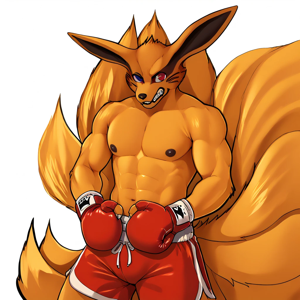 4k, high resolution, best quality, perfect colors, perfect shadows, perfect lighting, posted on e621, (by Chunie), male, furry, fox anthro, kurama (Naruto), red eyes, (Realistic eye details 1.2), abs, slim body, Perfect centralization, Fantastic Black-White beam, V0id3nergy, delight, Standing position, Abstract beauty, centre, Looking at the camera, Facing the camera, nearing perfection, Dynamic, highly detailed, Liso, sharp focus, 8K, A high resolution, illustration, muscular, lobo, the second, large pectorals, venous muscles, Huge muscles, flexing, wearing speedo, smilin