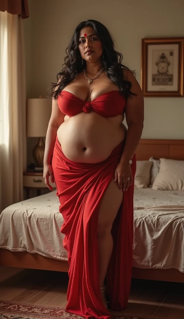 23 year old pregnant indian woman, standing, seductive, smooth skin, shoulder length black hair, thin eyebrows, fair skin, blushing cheeks, perfect body, big raised belly, big breasts, wearing red thin saree, cleavage, castle hallway, eye contact, seductive smile, high detail, feminine facial features, slim, slender, high resolution, real girl, realism, realistic, soft lighting, The perspective is from below, emphasizing the sheer majesty