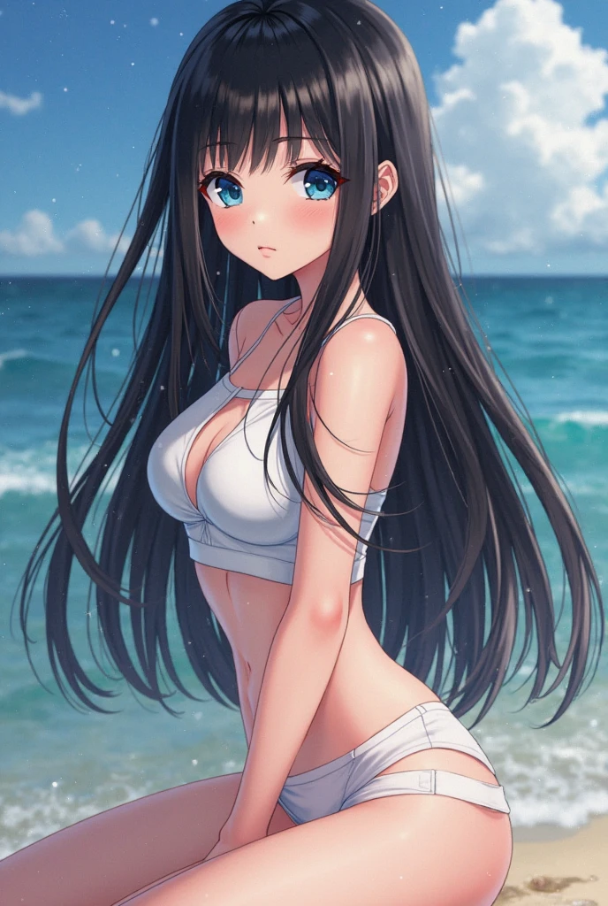 ((Highest quality)), ((masterpiece)), (detailed), , Black Hair,(Childish face), (Long Hair), Girl, big Breasts, (topless), ((Blue eyes)),half-smile ,Sunlight, (extreme_close_up) , (arched back) , riverbank, flower garden,(See-through shirt),bandeau bikini,