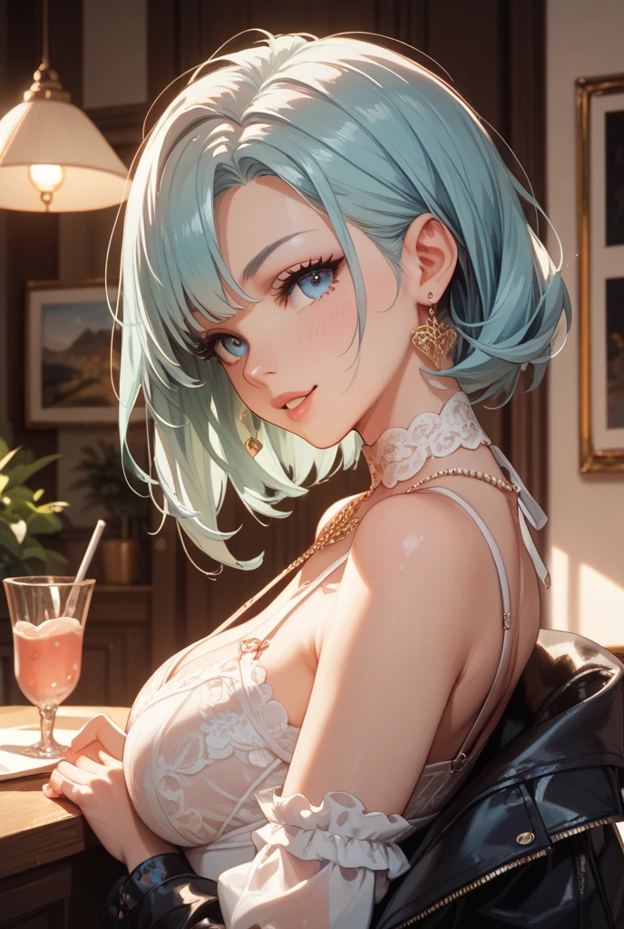 1girl,a beautiful fashion model ,(masterpiece, detailed background, best quality),short and shiny hair, blue green hair, hair with highlights, bangs, smirk,juicy lips,red lips, calmart, lingerie, stripping, elegant makeup, blue eyes, full body shot, (shiny skin), cyberpunk, sci fi, boa, extravagant jewelry, cocky expression, covered in jewelry, fancy, white dress, ((hand covering mouth, smug, discrete laughter)),