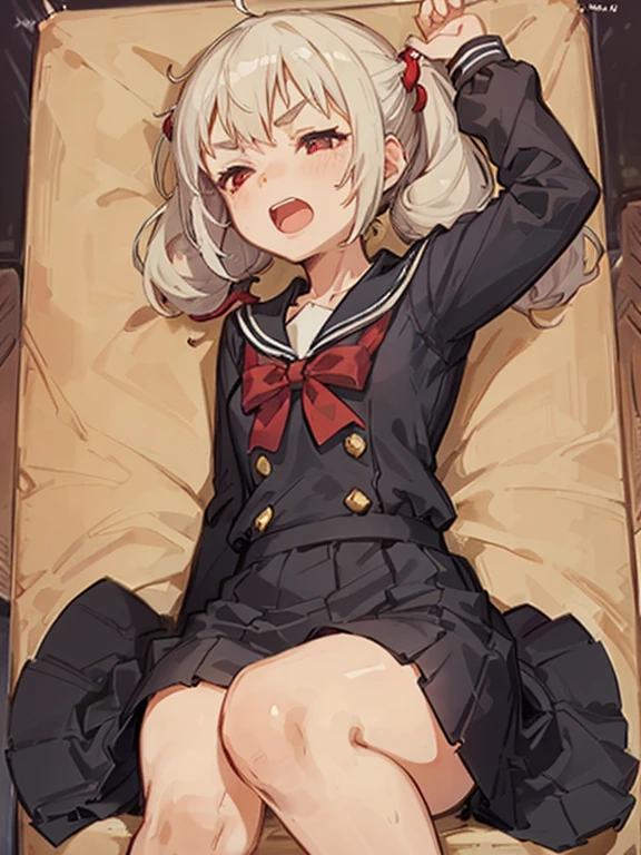 Young girl with grey hair, ((fringed and curly hair)),((curly short twintail)), curly hair ,(red eyes),, ((small bushy eyebrows)), wearing gothic ta clothing, loli, walking to school, bored look, bored face, , lifting her skirt to show her vagina wet with semen, having sex

