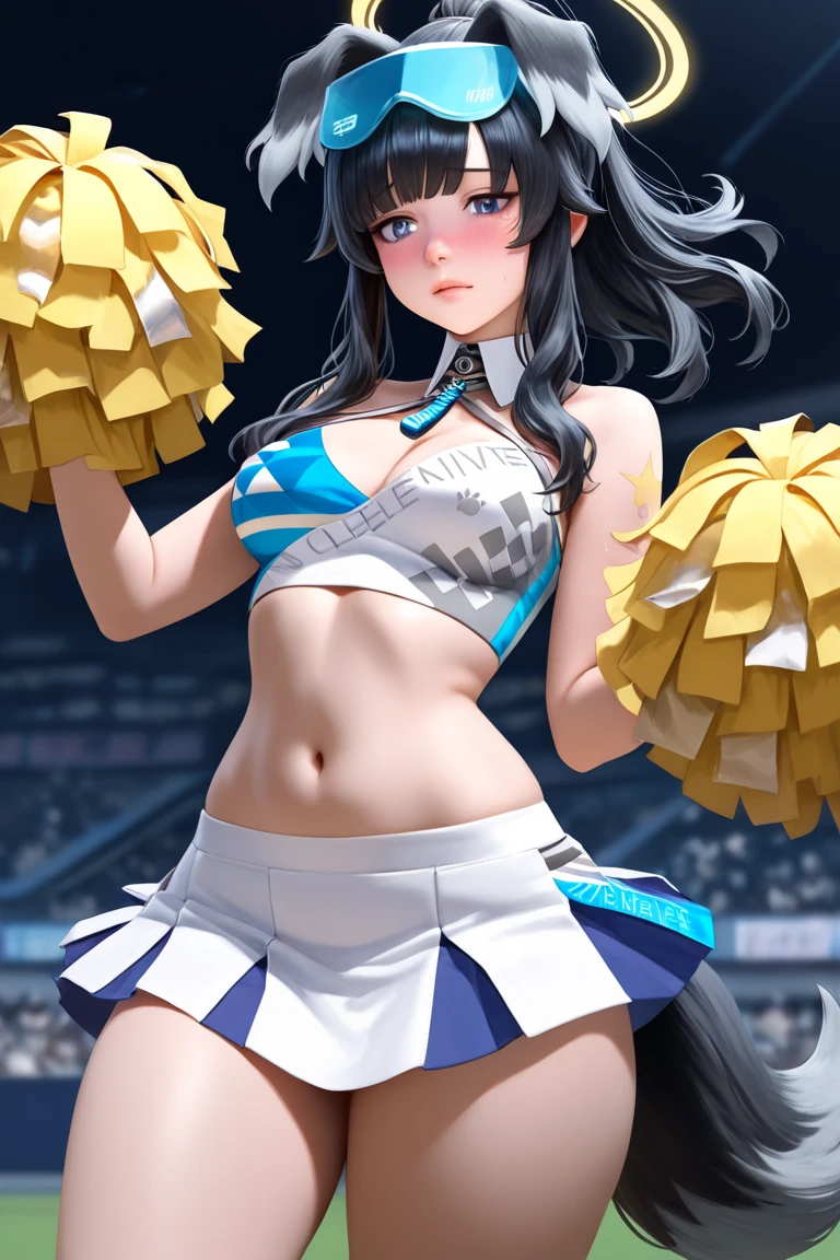 best quality, masterpiece, highres, solo, (hibiki_bluearchive:1.10), 1girl, bare shoulders, blush, crop top, goggles, holding pom poms, looking at viewer, midriff, millennium cheerleader outfit (blue archive), miniskirt, navel, official alternate costume, pleated skirt, simple background, sneakers, white background, white footwear, white skirt, cleavage, stomach, full body, open mouth, 4 <lora:hibiki_bluearchive:0.80>