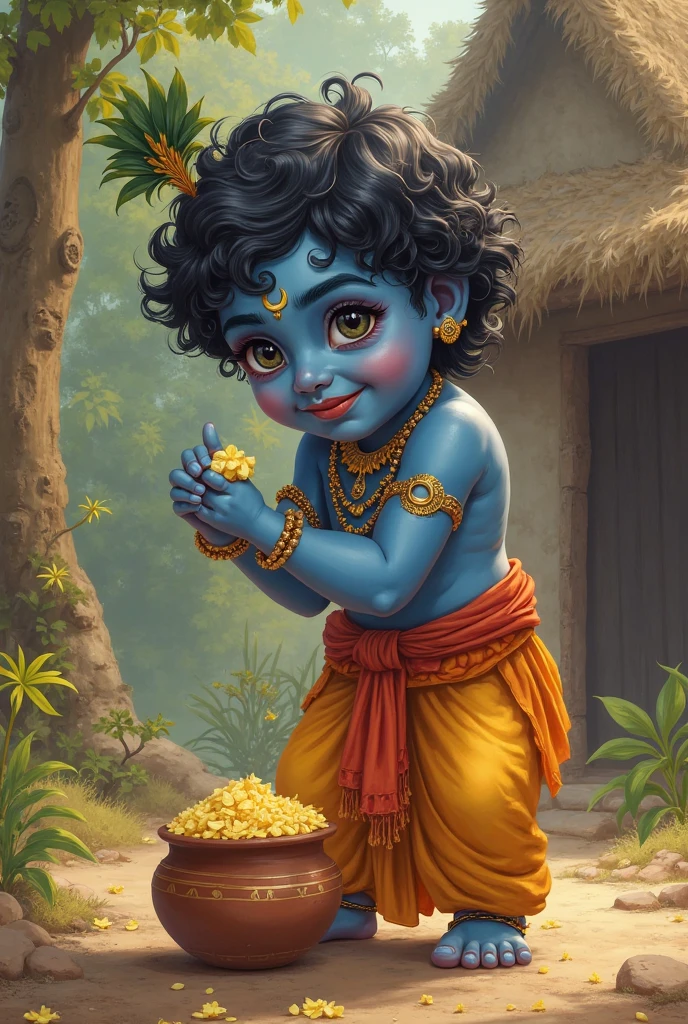 create krishna god,having makhan,enjoying in color,breaking matka