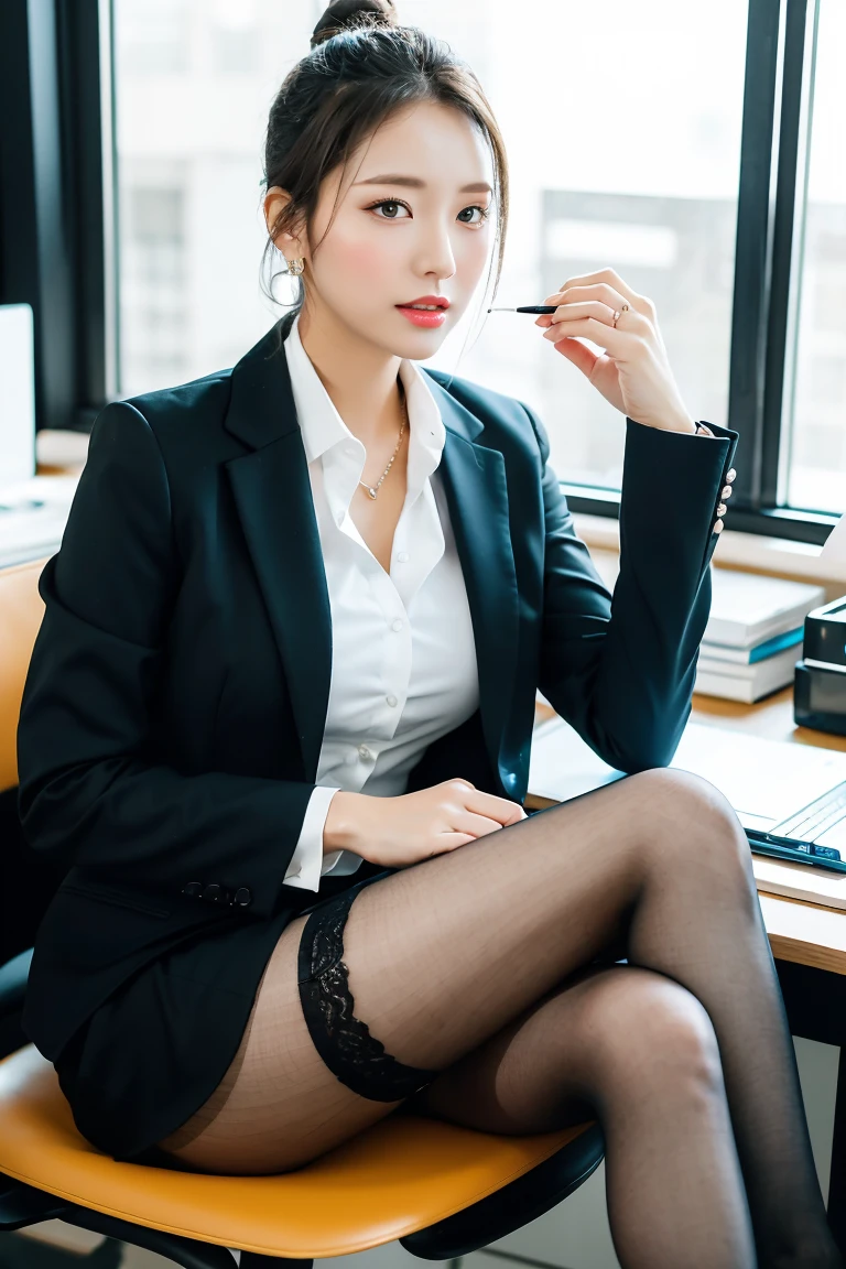 (8K, highest quality, masterpiece:1.2), (realistic, realistic:1.37), ultra detail, 1 girl, whole body, indoor, (Adjusted hair:1.5) office lady, black office blazer, office skirt, (pantyhose: 1.2), (Short button-down shirt: 1.2), Button Up Color Prim, Button Down Color Prim, good, (pantyhose: 1.2), alpha layer, high heels, beautiful earrings, cute, alone, inside the office, (smile: 1.15), (closed mouth), small breasts, beautiful and fine eyes, business suit, (long hair: 1.2), Floating hair NovaFrogStyle,Chair、28 years old、Legs open、Composition where the feet are the main focus、secretary、high heels、Glasses