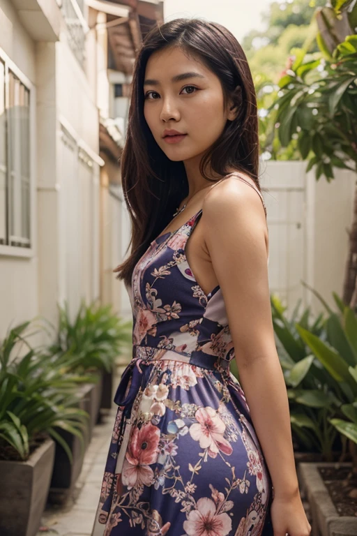 A striking 22-year-old woman with a charming face is standing in the middle of the Golden Bridge in Da Nang, wearing a violet floral sundress. The breeze gently lifts her hair as she strikes a confident pose, her alluring figure highlighted by the scenic backdrop.