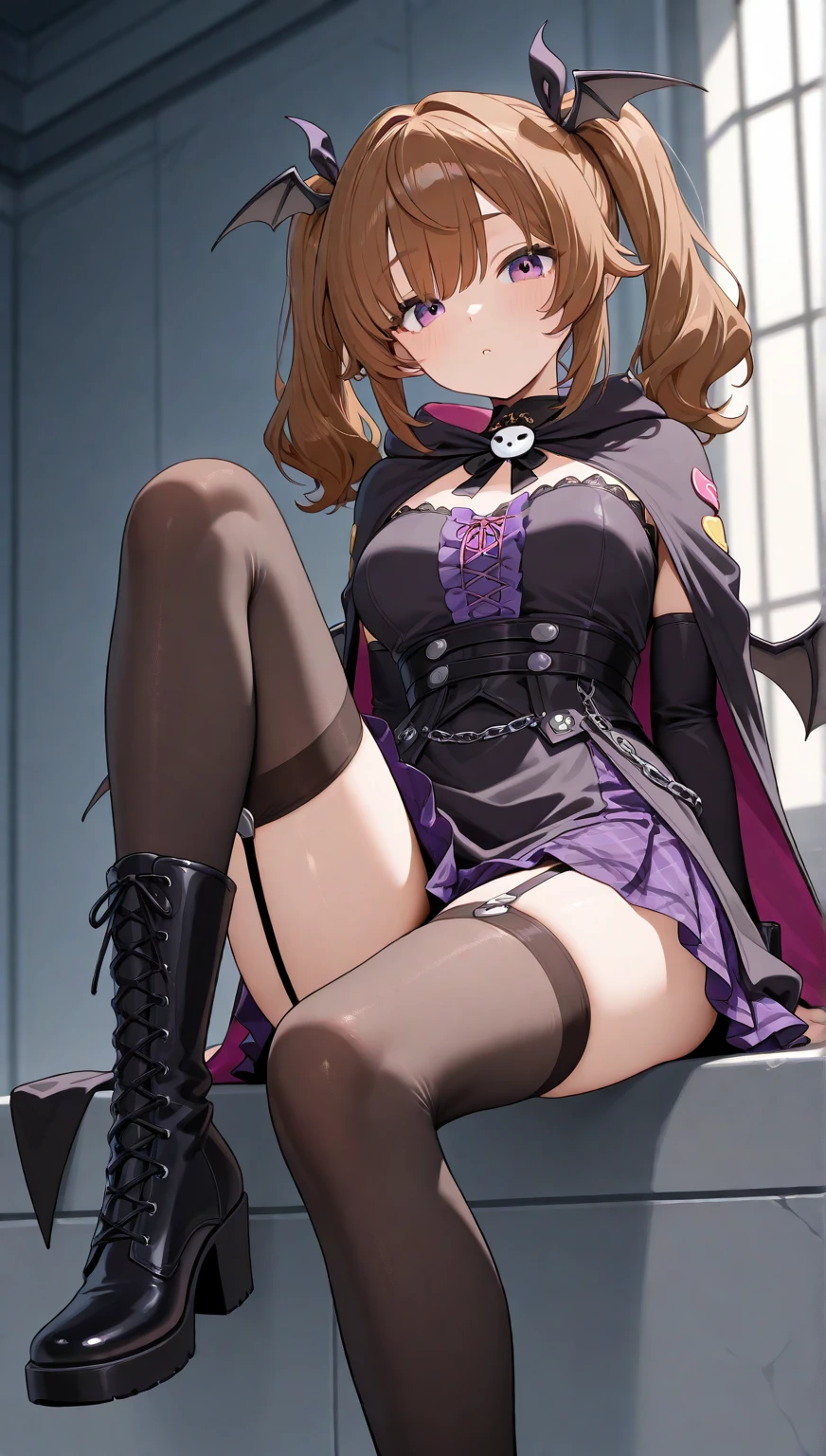 perfect eyes:1.2, detailed eyes:1.4, realistic:1.4, red hair, hair over shoulder, robe, GlowingRunes_red background, glowing eyes, yameroyandere, yandere, crazy eyes, crazy smile, cape, fringe, argyle, checkered, clothing cutout, stripedthighhighs, black and red vertical striped thighhighs, makeup, lipstick, hood up, cleavage, sitting, 1girl, solo, (masterpiece:1.6, best quality),