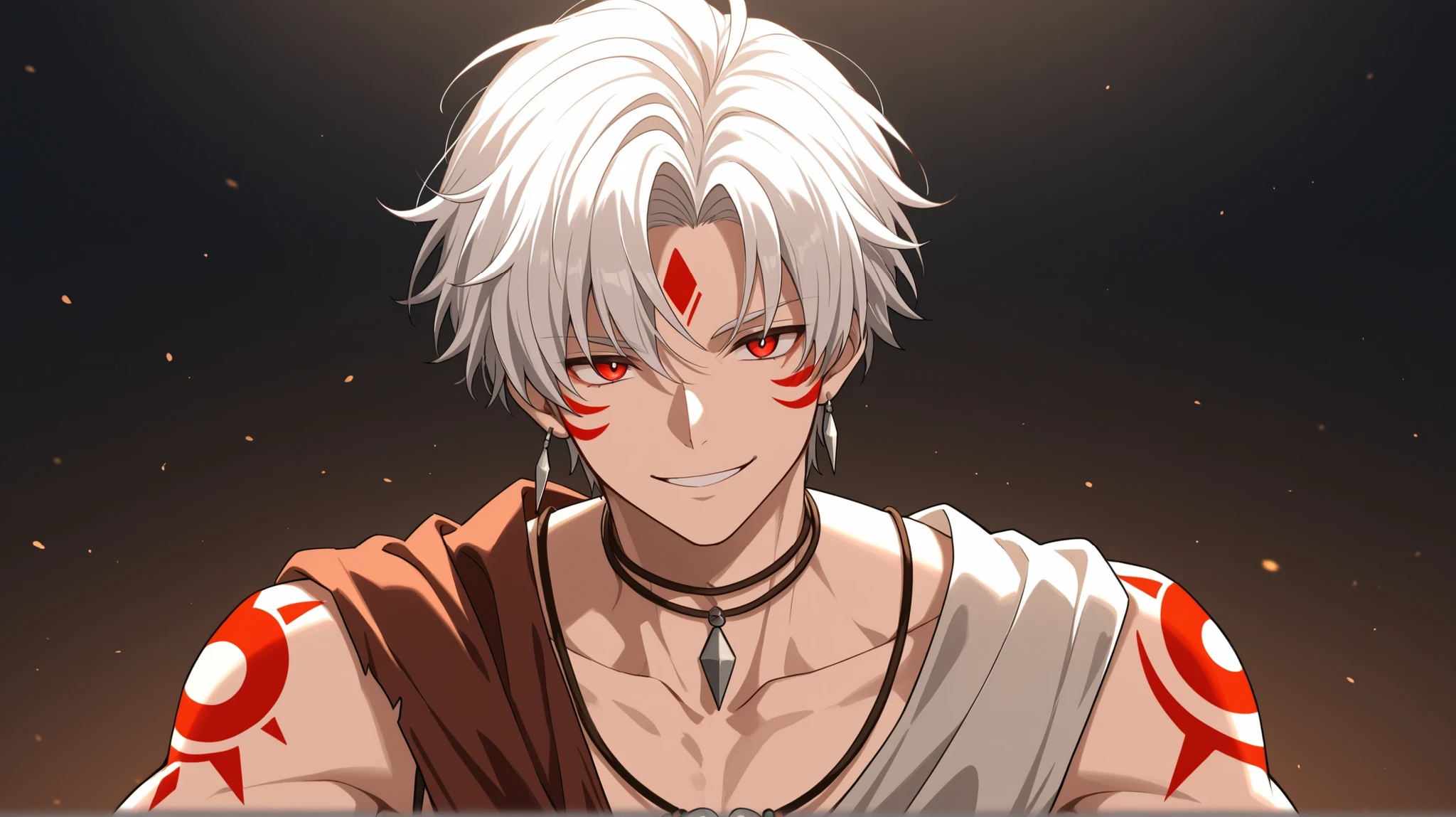 men white short hair red eyes tribal clothes happy face