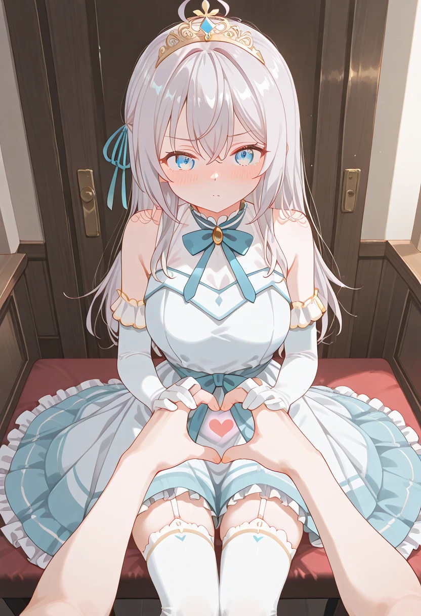 Princess Blue Dress、gold tiara、Transparent pure white skin、Glossy skin、long hair、golden hair、blue eyes、room、blush、skinny、View from the bottom、crying face、small mouth、emphasize the muscles of the pussy、((10 years old))、(((Lift up your skirt and show your white panties)))、short skirt、princess tiara、(((spread legs)))