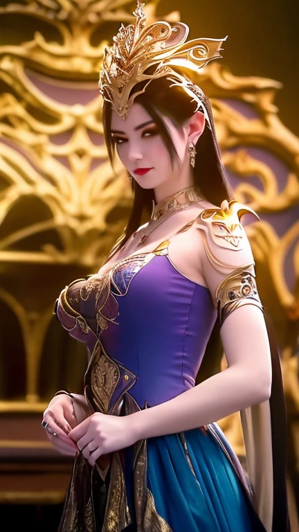 ((HRD, HUD, 8K)),((masterpiece, best quality)), highly detailed, soft light, 1girl, solo, hair ornament, black hair, long hair, blue eyes, makeup, lips, breasts, jewelry, necklace, dress, black dress, simple background, grey background, upper body, standing, looking at viewer,