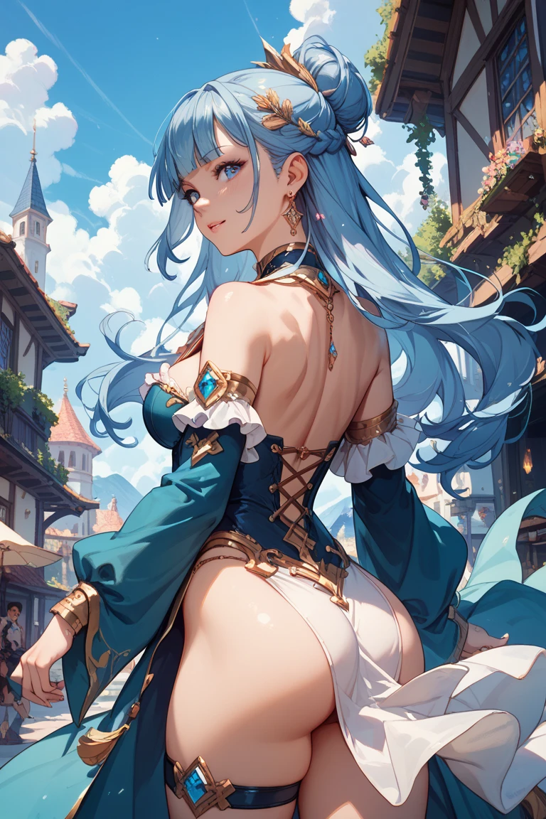 Masterpiece, Best Quality, Official Art, (Highly Detailed CG Unity 8k wallpaper), Detailed background, (Hands by Guido Daniele: 1.1), Feet out of frame, First Person View, 1, Attractive and Perfect Beautiful Woman, Schoolgirl, JK, Schoolgirl Uniform, Spring, Cherry Blossom, Wind Blowing, (Show ass, butt sticks out, flipping skirt, panties visible, gaze from diagonal down))), ( curvaceous, (white thighs: 1.12), (blue long hair: 1.12), (ahoge: 1.13), (high ponytail: 1.12), (green eyes: 1.13), looking at the beholder, big, (cleavage), beautiful face, (blush: 1.11), (smile: 1.11)