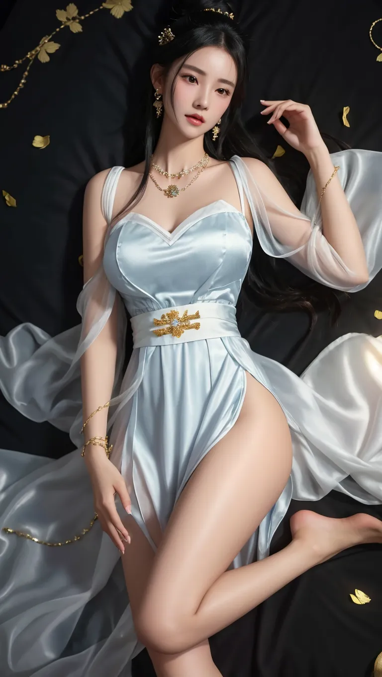 Best quality, masterpiece, high resolution, 1girl, clear silk porcelain dress, beautiful face, hair accessories, looking at the audience, smiling, close your mouth, lips, dress, hair accessories, necklaces, jewelry, long hair, earrings, beautiful face, on the body, Tindal effect, realism, (full body, Pale blue high heels), dark studio, edge lighting, two-tone lighting, (high detail skin: 1.2), 8k UHD, DSLR, soft light, high quality, volumetric lighting, (huge breasts, cleavage), photo, high resolution 4K, 8k, blurred background
