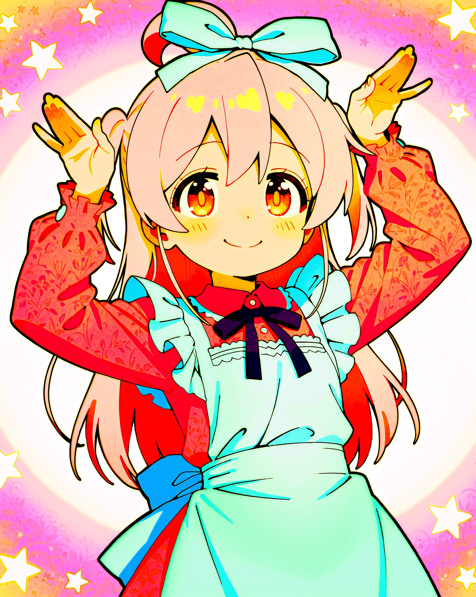 ((masterpiece))((Highest quality))girl、Smirk、blush、Flat Chest、Are thin、Blonde Hair、blush、Are standing、Whole body image、Eye level to the feet、、No background、Blue clothes、Hair is two colors、Twin tails、Red Eyes、Look back、Two-tone red and yellow hair