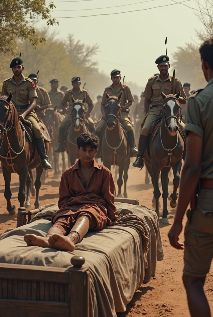 18th century big moustached 40 year old Indian man in brown complextion without shit wearing a cotton dhothi with blood wounds in dead condition is lying on a wooden cannon cart wheel is being pulled by two white Indian bulls. British East India horsemen in red uniform are following the cart in their horses in columns in UHD landscape