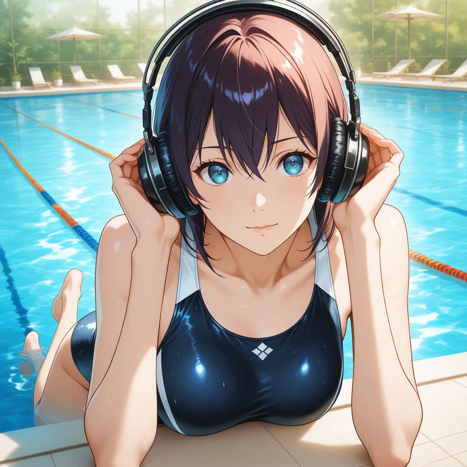 ((Top Quality)), ((Masterpiece)), ((Details)), perfect face, perfect body, sitting on the swimming pool, listening to music, wearing headphones, wearing swimsuit, swimsuit transparent, tight with buttocks and breasts exposed Woman with clothes on and face visible