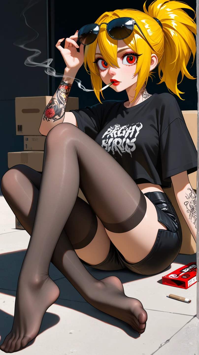 masterpiece, best quality, mature woman, blonde hair, sharp eyes, curvy body, dirty alley, sitting on the floor, bra, thong, besides dumpster, above view, front view, tongue out, hand on thighs, hopeless eyes, despair eyes, slave tattoo, syringe, junkie, tattoos, eye bags, tired, eye shadow, excessive drooling, spreading legs