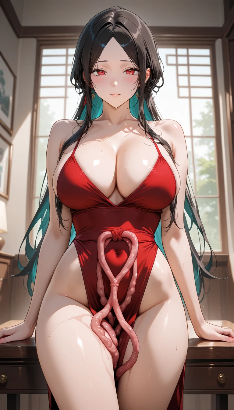 (masterpiece, Best Quality:1.2), Alone, 1 girl, my kisaragi, expressionless, Closed mouth, looking at the viewer, two pigtails in her hair, black fur, Glasses, seductive, sexy, landscape greece, bikini red sexy sexy, big breasts, huge tits, sexy dress, blushing, large eyes, red eyes, lenceria sexy, en una habitación iluminada, bikiny sexy