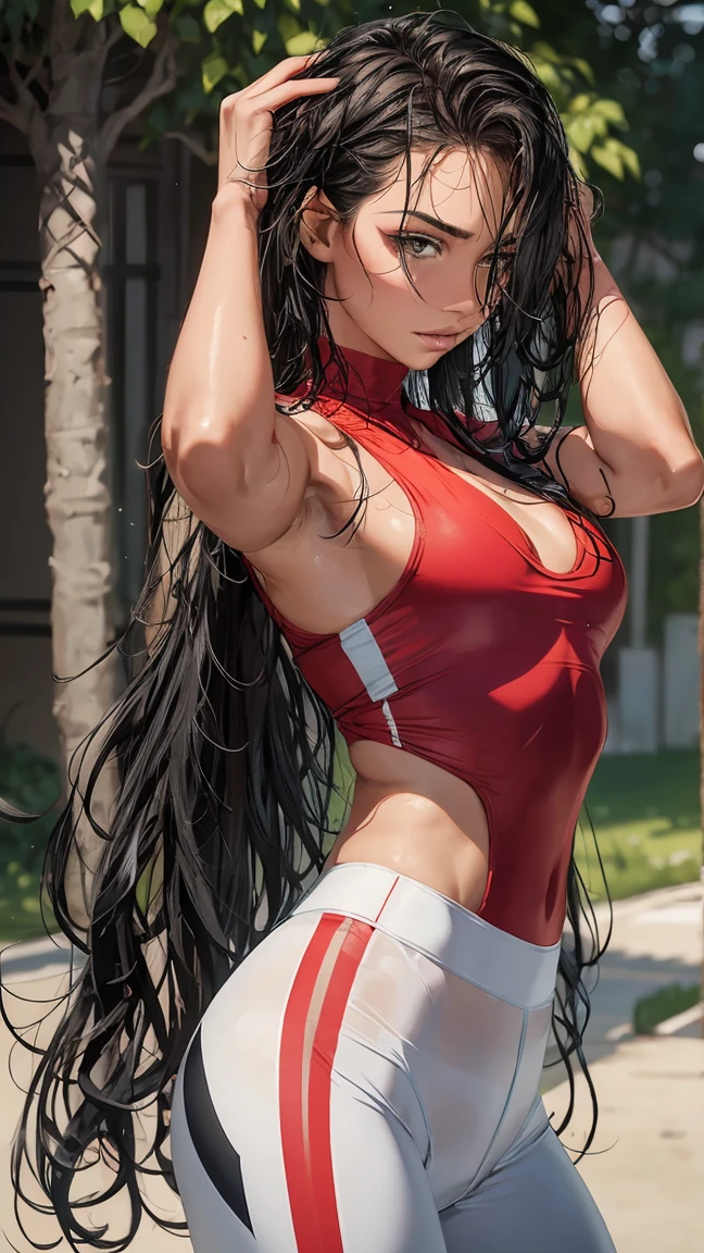 best quality, masterpiece, chinese fitness supermodel, 1girl, solo, long straight brown hair, small twintails, green eyes, hair ribbon, (tanned, dark skin, narrow waist, wide hips, big ass, thin, curvy, thick lips), lipstick, eye shadow, luscious long hair, long eyelashes, flirty behavior, shiny skrmfitting halterneck silk burgundy short cheongsam), toned thick thighs, girly accessories, feminine behavior, (black sheer thighighs), absurdres, highres, high detail, high quality, 8k, foreshortening, nightout