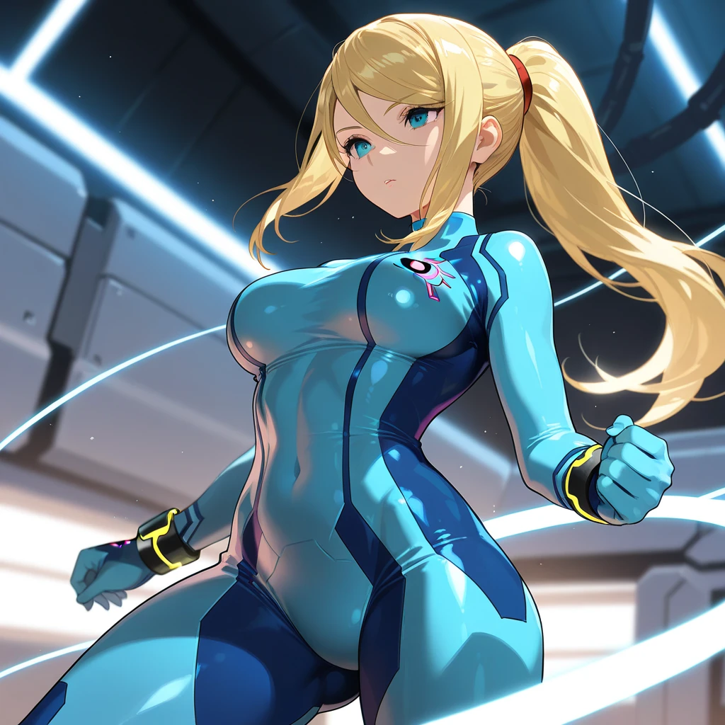 masterpiece, best quality, highres, 1girl, solo, superhero, leotard, bare legs, boots, matching boots, aura, blue aura, sleeveless, gloves, bracelets, matching gloves, looking at viewer, light particles, city backdrop, perfect hands, perfect eyes, powering up, perfect leotard, perfect legs, perfect arms, perfect fingers, blue and white leotard, blonde hair, blue eyes, medium breasts, long hair, standing,