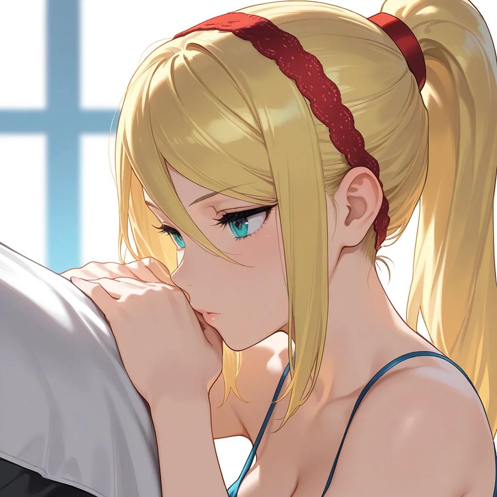 (score_9,score_8_up,score_7_up), long hair, blonde hair, blue eyes, ponytail, large breasts, hair between eyes, 1girl, 1boy, nsfw, open mouth, nude, blowjob, oral, side view,