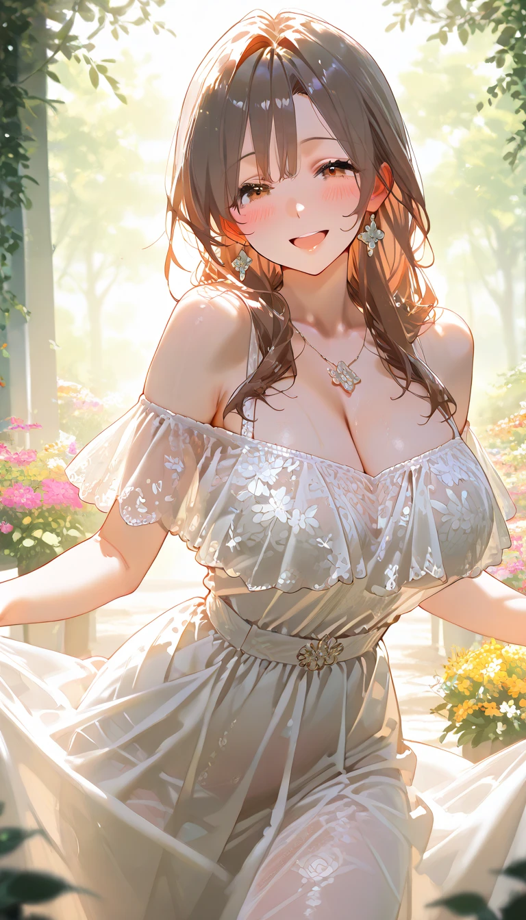 Delicate Composition, hyper detailed, best quality, blurry foreground, dynamic view, 1 girl, (seductive smile:0.6), solo, large breasts, hair in takes, beautiful detailed garden, fluttered detailed petal, grow, white fishnets, asahina mikuru, standing, microskirt
