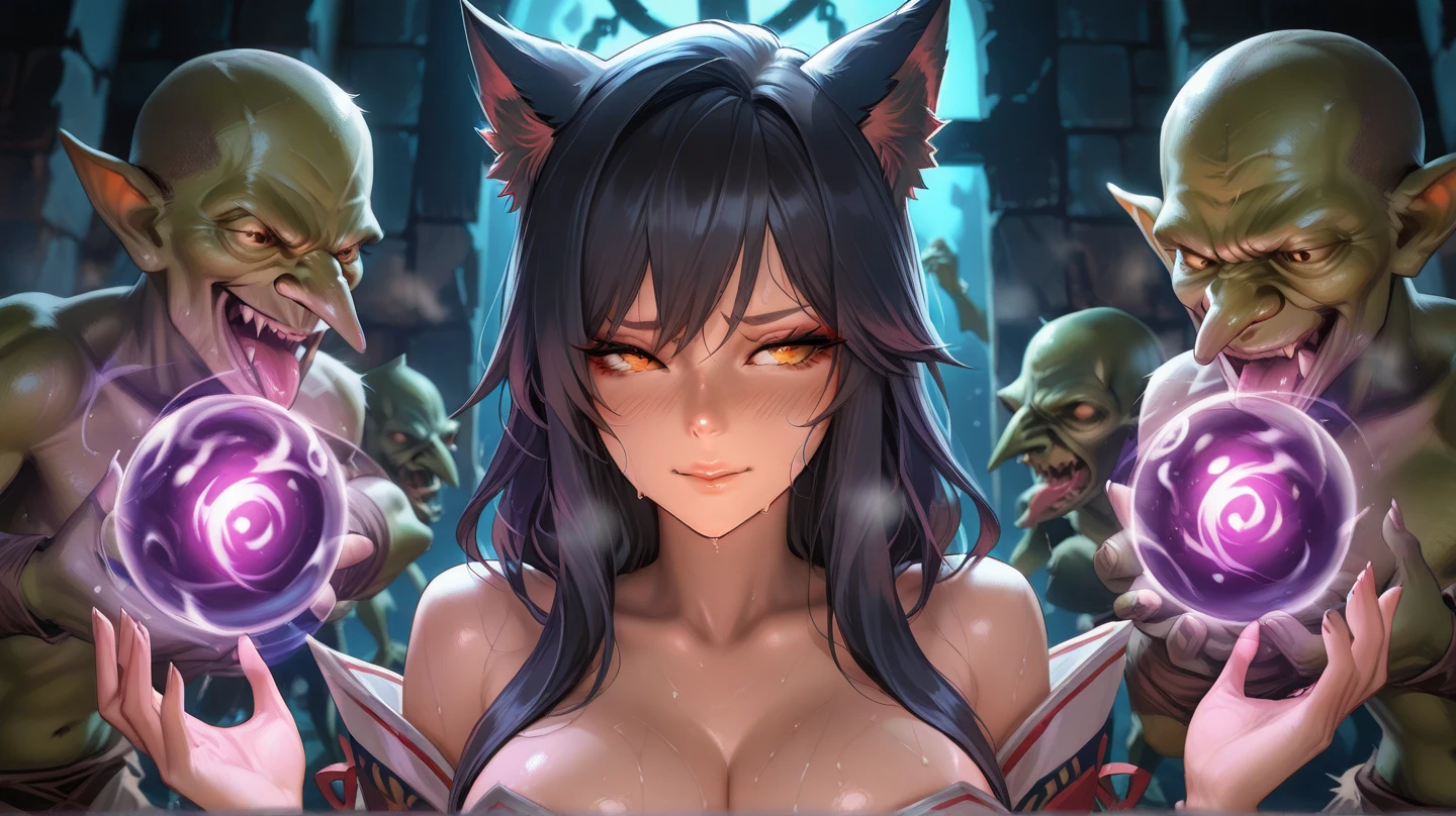 1 chica junkotvv pelo negro con flequillo, orejas de gato, ojos rojos, hombros descubiertos, pelo negro, pulsera, escote, clavicle, mujer madura, mqmf, Elfo maduro, cortinas, mujer de piel oscura, piel oscura, pendientes, pelo sobre un ojo, joyas, Pechos grandes, pelo largo, mirando al espectador, olga disagrees, throne room, sentado en el trono, ojos amarillos, Rubor, shy, solo, sin tirantes, muslos, very pelo largo, Ultra calidad, obra maestra, sonrisa seductora, pubic tattoos, tatuaje en el pecho, tatuaje en los senos,  vista de cuerpo completo, pose sexy, Super detailed face, Castillo oscuro, fuego azul, calaveras