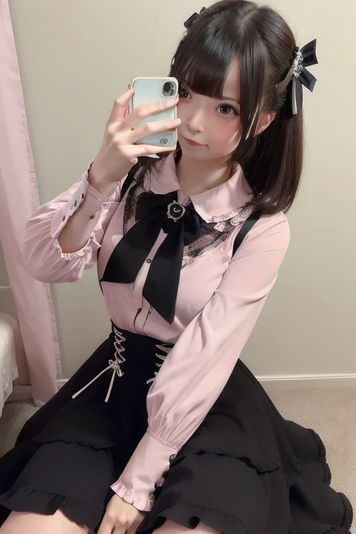 skirt, solo, twintails,  bangs, jewelry, pleated skirt, piercing, ear piercing, cross, black eyes, short sleeves, earrings、Menhera、Pull up the skirt with both hands、Skirt Lift Up、twin tails、白いpanties、panties見せる、beautiful eyes、panties見せてください、underwear、Well-groomed eyes、panties,Urban streets,整ったbeautiful eyes、pink hair, light blue multicolored hair、1girl,pink eyes,makeup, black hair,blunt bangs,twin tail,small breasts,pink ribbons in hair,pink frill blouse,black ribbon at chest,net tights,garter belt,black frill skirt,black boots,Face Covering,sitting、