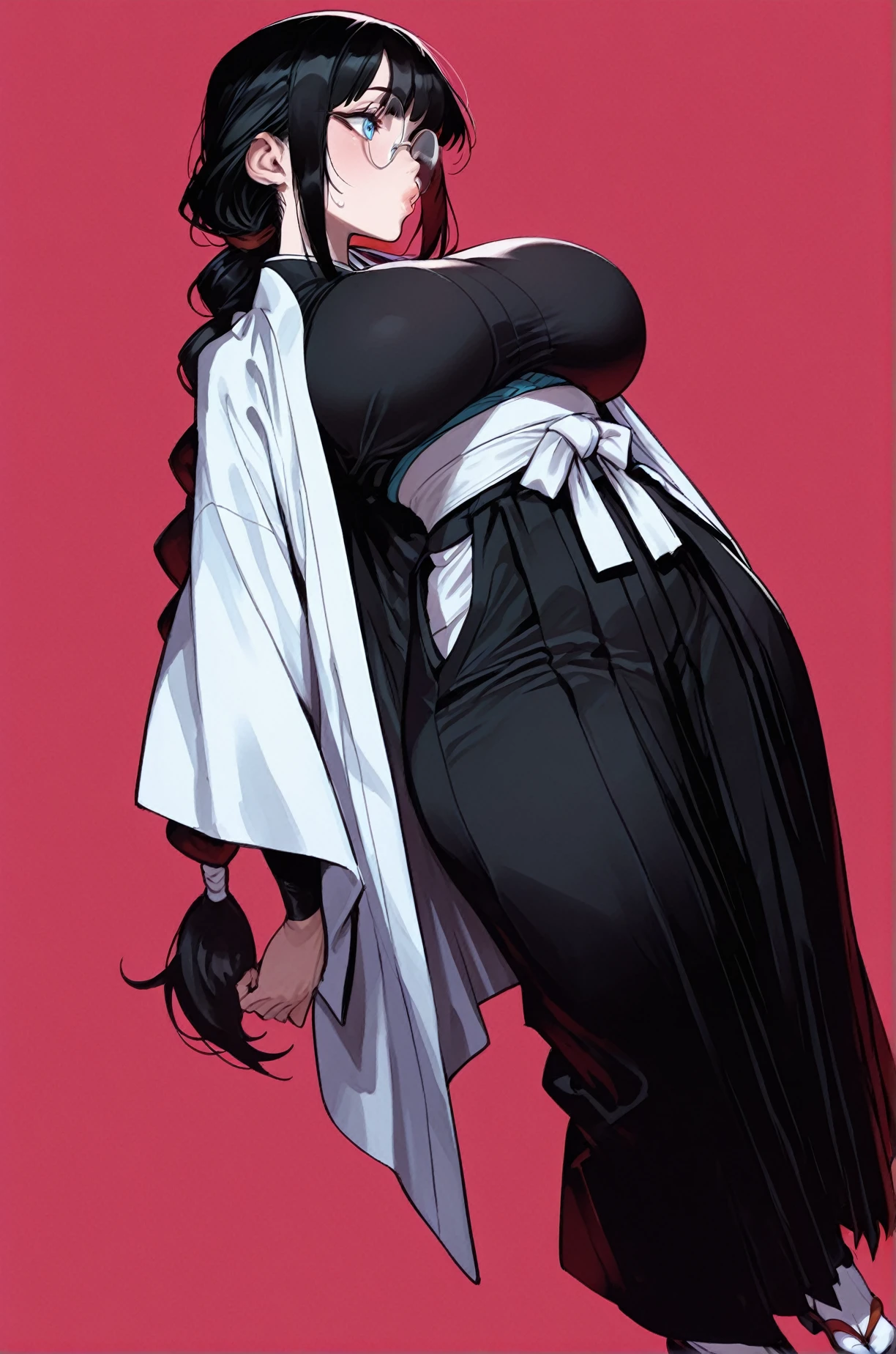 Elaborate CG artwork, (best qualtiy, exquisite detailing, absolute masterpiece), ((Pitch Black Background)),((posterior view)),(opening legs),(plus size model)),((black kimono, long stockings)), (((pale skin))),(((black hair))), ((shorth hair,Graduation Bob)),、bare pussy ,Wearing sexy BDSM gear),Detailed beautiful mature face, very detailed beautiful face and yellow eyes, (detailed seductive and sharp eyes), (plump shiny black lips)), (dark Eye Shadow), blush, (sadistic seductive smile), (Curvaceous), ( unbelievably huge curvaceous hips), (spread legs), (ridiculously massive thick thighs), (glittery skin), (wet oily skin), Fingernail Art, Jewelry, Bracelet, hoop earrings, pitch black background