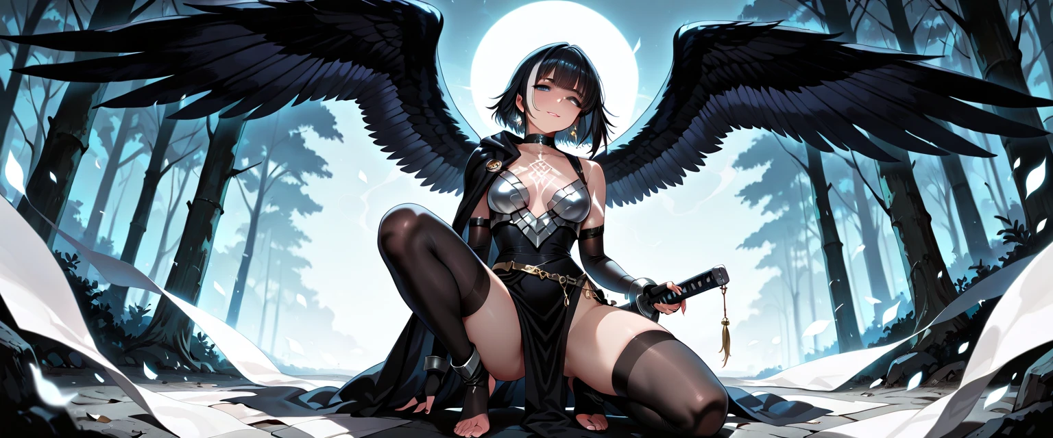 NSFW,pussy protect,breasts protect,girl(Medium short bob hair,Black Hair,Bright red eyes,Expressionless),(Black wings,Golden Angel Halo),Normal breasts,Cyber suit that shows your body lines,Open pussy,Accompanied by a crow,The city lights shine golden、Create a dramatic atmosphere,