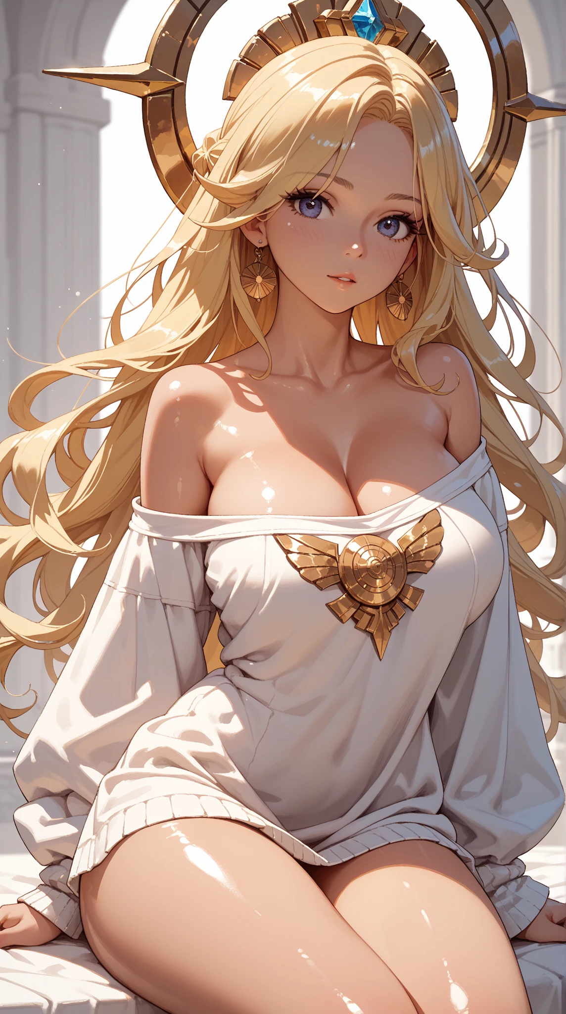 Best quality, 30yo woman, big breasts, blonde long hair, green eyes, sexy thin white robes, sunset, thin fabric, upper body, sexy, angelic, flower crown, skimpy,