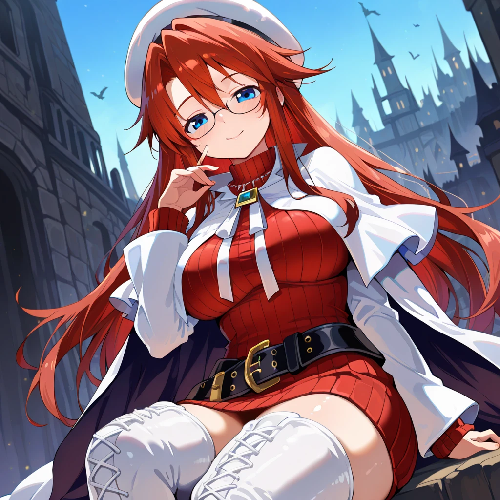 summonnightaty, aty, long hair, blue eyes, red hair, beret, hat, glasses,
BREAK long hair, thighhighs, hat, dress, boots, glasses, belt, cape, sweater, zettai ryouiki, beret, thigh boots, white footwear, ribbed sweater, loose belt,,
BREAK outdoors, fantasy_town,
BREAK (masterpiece:1.2), best quality, high resolution, unity 8k wallpaper, (illustration:0.8), (beautiful detailed eyes:1.6), extremely detailed face, perfect lighting, extremely detailed CG, (perfect hands, perfect anatomy),(covered_nipples:1.3),covered_navel,light_smile,dynamic_posing,(half_eyes:1.2),light_open_mouth,sword,