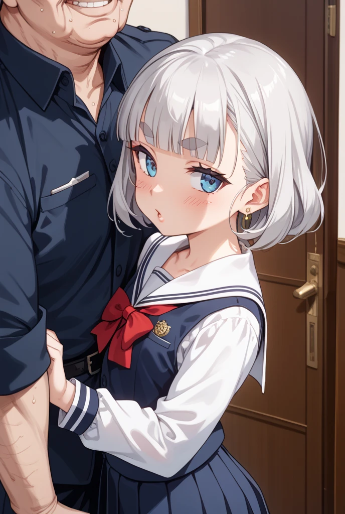 A girl,full bodyesbian，White hair,eBlue eyes,standing on your feet,,Shy,From above,Medium hair,,hair between eye,,serafuku,Open mouth,,Small ,1girl and 1boy, kabedon pov,The boy grabs the girl's  