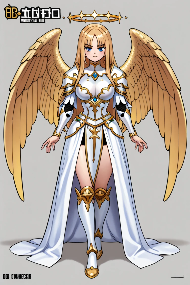 Full-body image of a woman angel in the art style of Bleach. She has long blonde hair, blue eyes, and wings in place of her ears and on her back. She's wearing a short white dress that doesn't cover her breasts, with ropes tied around it. Underneath, she's wearing a long golden dress. Two pairs of wings extend from her back
