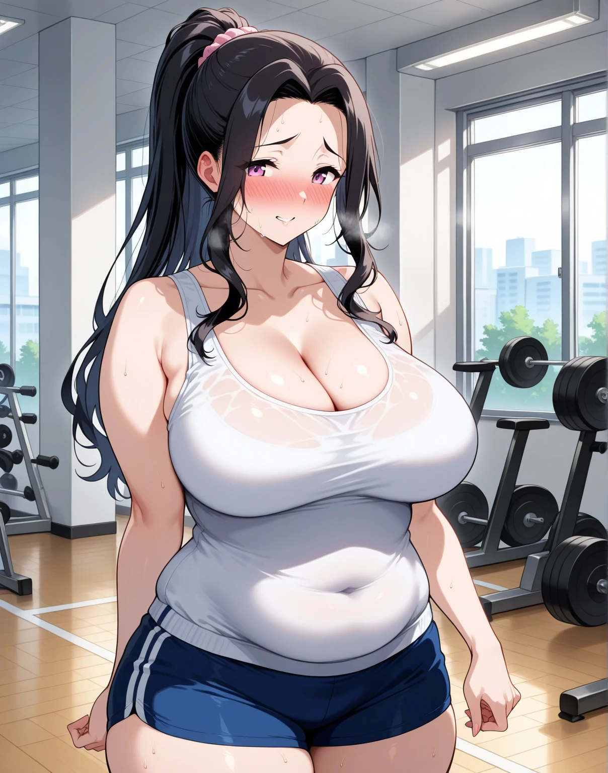 ((Masterpiece)), perfect anatomy, perfect shading, field of depth, (best quality), extremely delicate and beautiful, perfect lighting, detailed face, ultra cute face, cute, (cowboy shot 1.2), looking at viewer, full body, (((1girl))), (((solo))), cheerleader
long hair, fluffy hair, brown hair, green eyes, ((blush))), embarrassed, worried, (cheerleader uniform), (blue and white tank top 1.2), (short section skirt 1.2), thigh highs, chocker, extremely tight clothes, large breasts, cleavage, perky breasts, (((wide hips))), ((thick thighs)), ((big butt)), ((plump)), chubby belly, fat rolls, belly hang, she has a jiggly belly,
School gym, intricate background, detailed background, sweaty, out of breath, hands on hip