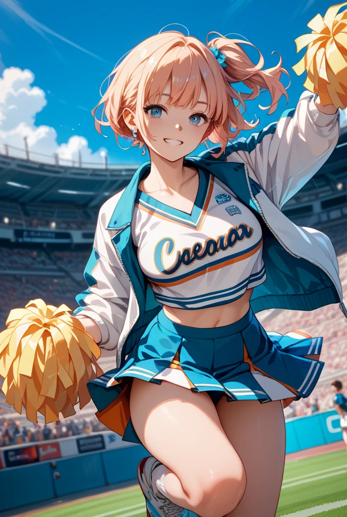 (extremely detailed fine touch:1.3), (((semi-rimless eyewear:1.3))), (wear headphones around:1.2), short hair, blunt bangs, 1girl, solo, 2.5d face, grin, cheerleader, holding pom poms, medium breasts, clavicle, cleavage, midriff, (Executing a high kick:1.3), motion line effect, extremely detailed stadium,