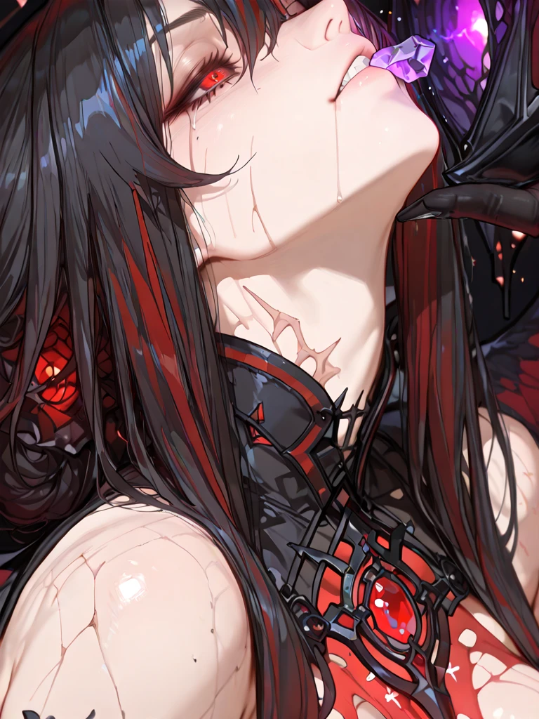 a beautiful anime solo devil girl, highly detailed facial features, piercing eyes, sharp teeth, horns, flowing hair, detailed intricate costume, dark mysterious background, dramatic lighting, cinematic composition, vibrant colors, digital art, concept art style